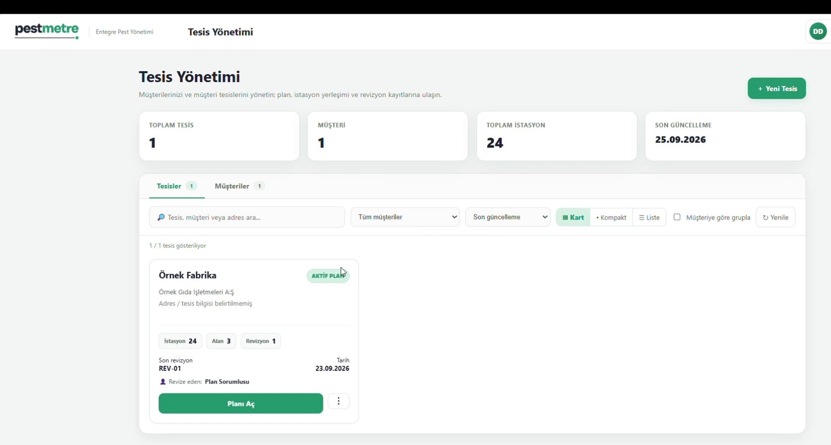 Pestmetre tesis yönetimi ekranı